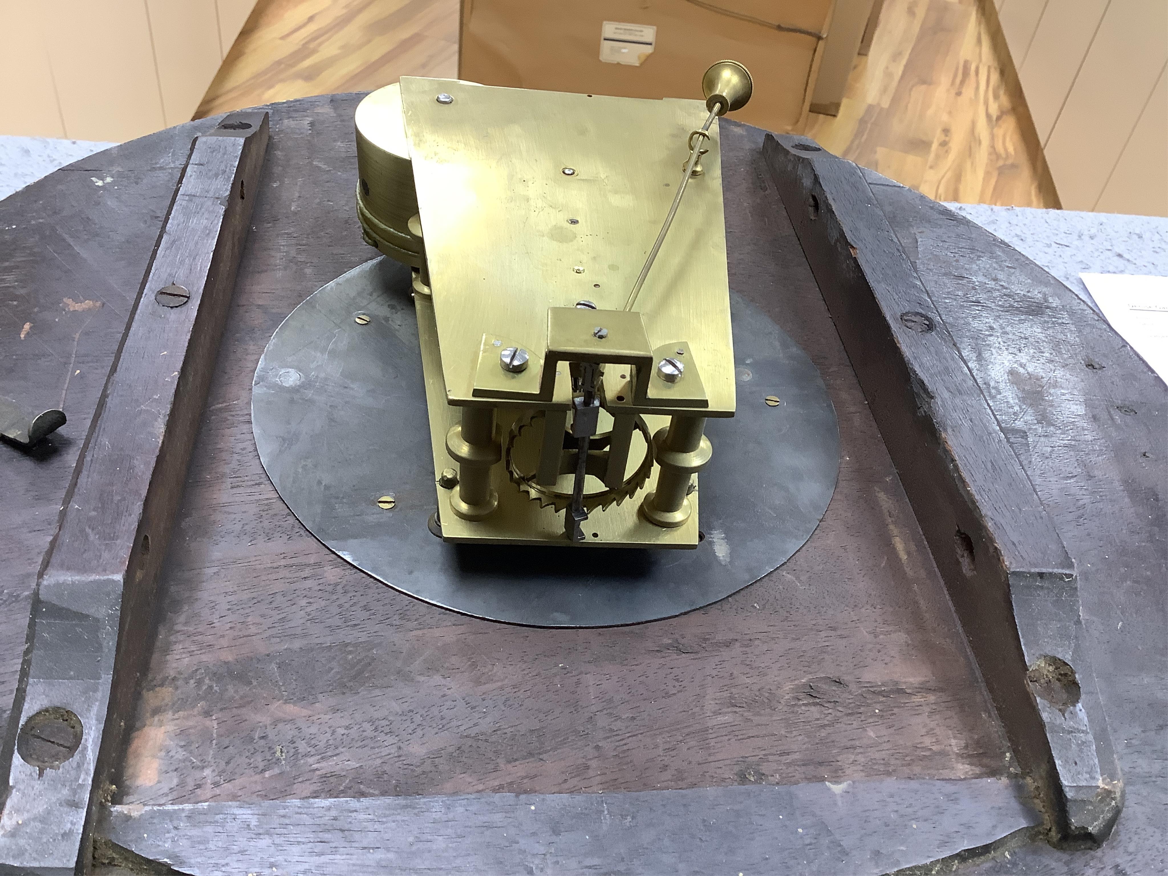 A large mahogany wall clock, William New, Trowbridge, with Roman numeral dial, associated single fusee movement with verge escapement, 49cm in diameter. Condition - fair to good, not tested